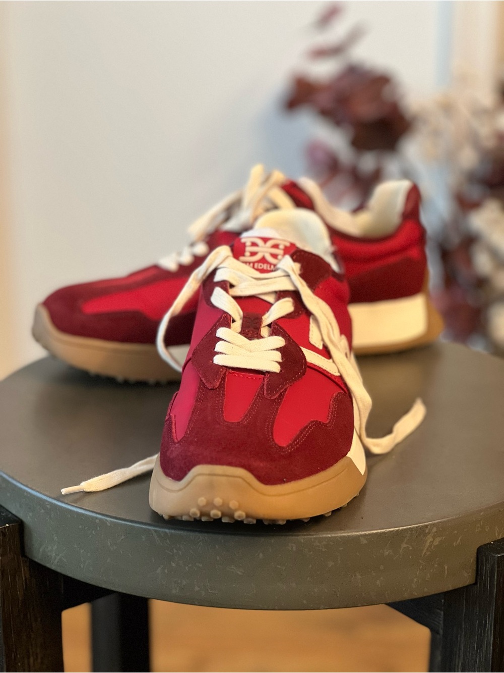 Sam Edelman Langley Red Suede & Mesh Sneakers with Cream Laces